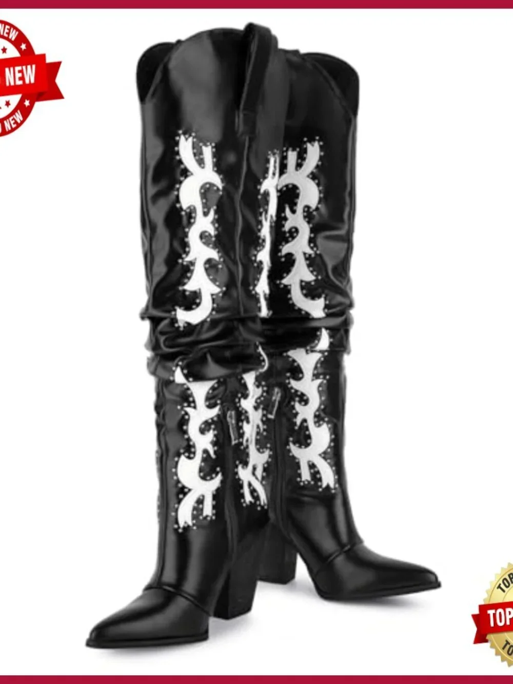Over the Knee Thigh High Cowboy Boots Studded Slouch Cowgirl Boots